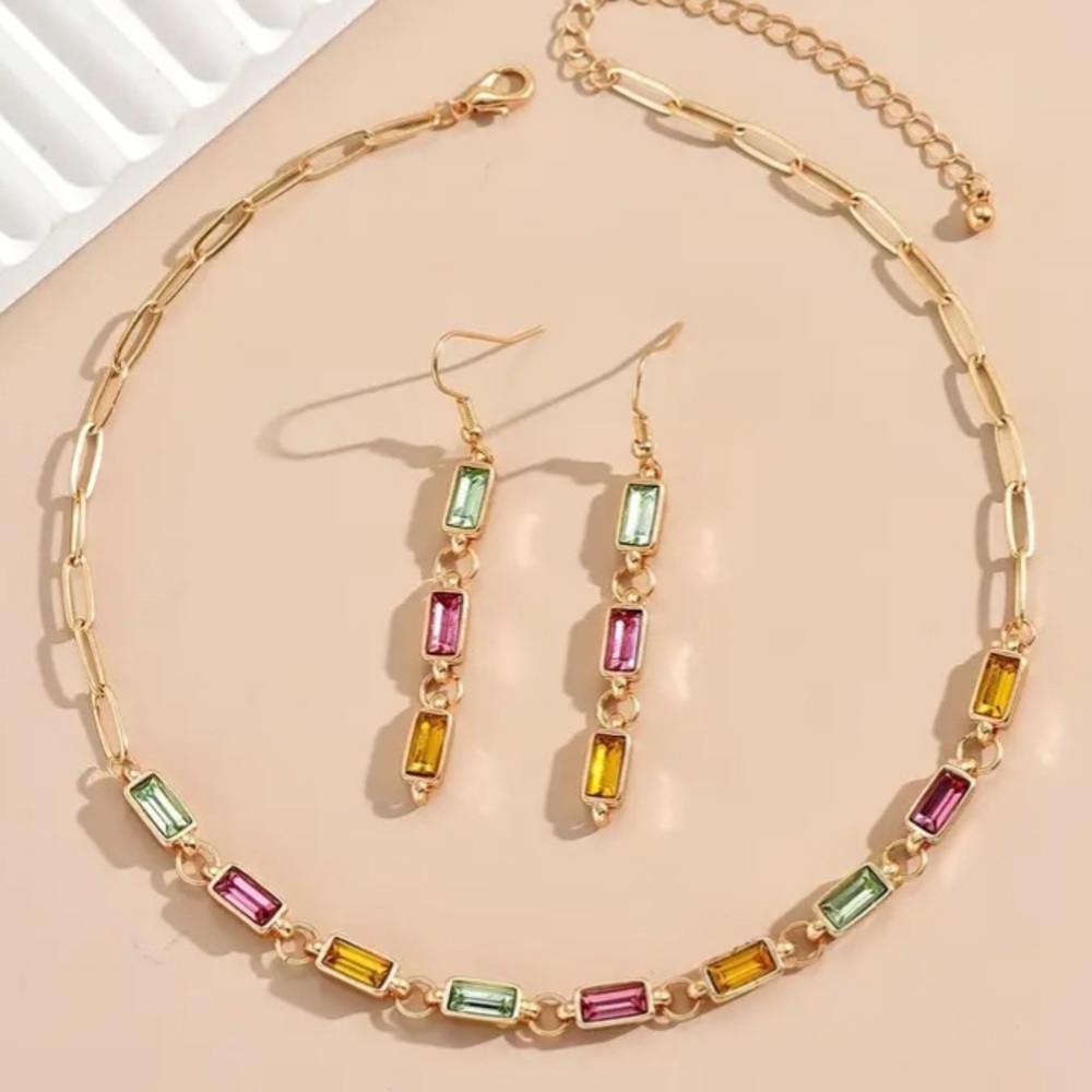 Multi Color Crystal Gold Tone Necklace and Dangle Earrings Set - Picture 3 of 4